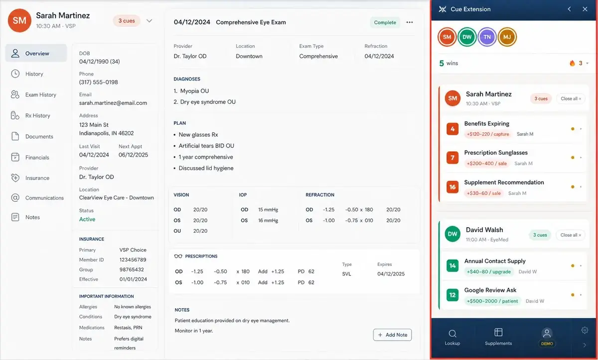 Cue platform UI showing optometry patient chart with live revenue cues queued for staff during exam